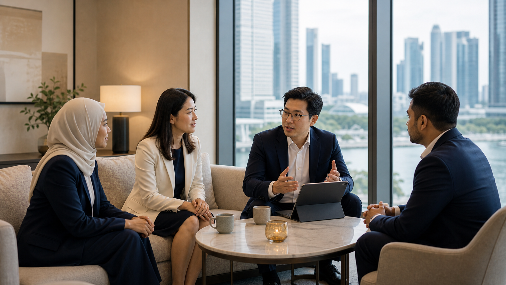Confidential advisory conversation in a professional meeting room.