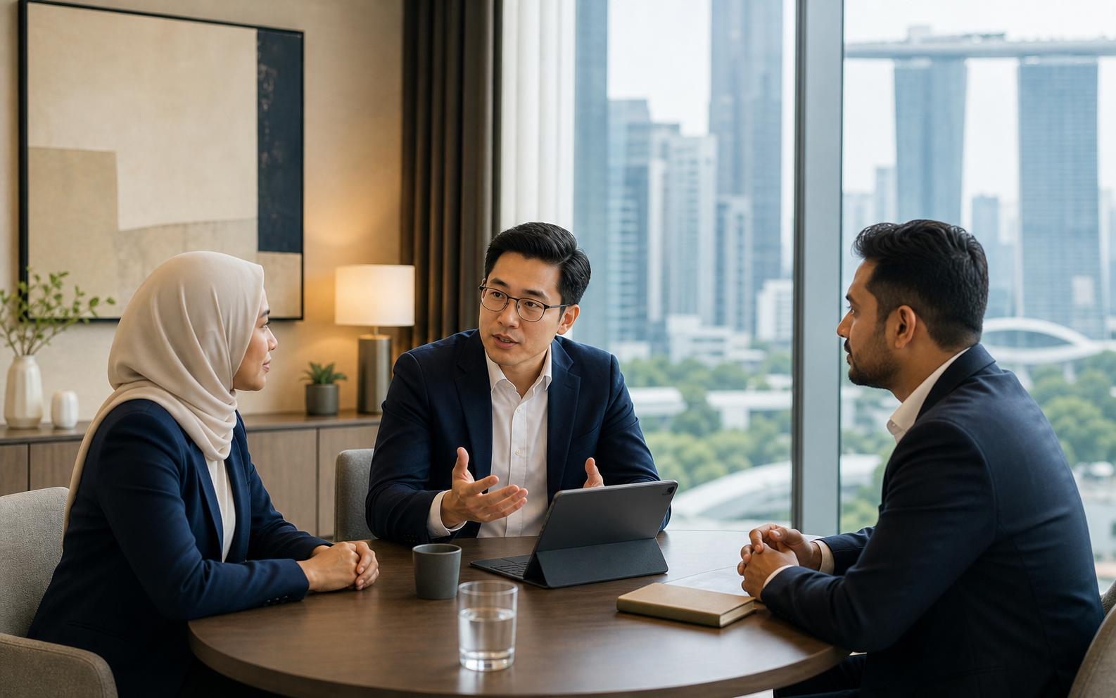 Premium advisory conversation in a professional meeting room with no readable private client data.